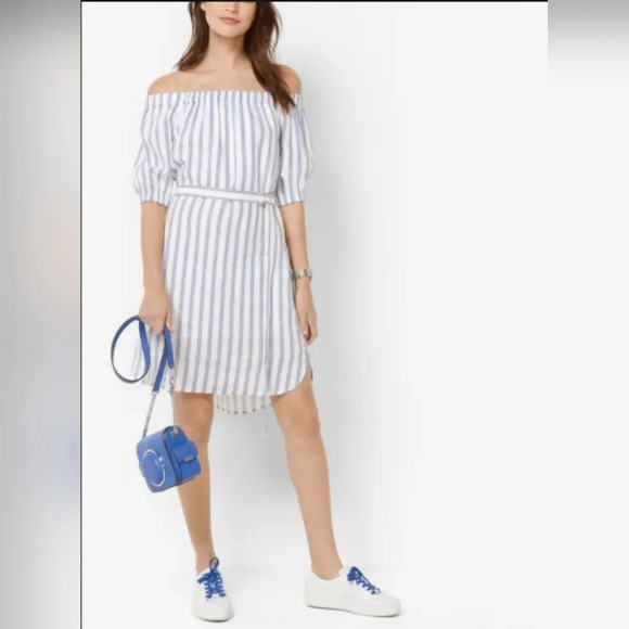 Michael Kors Linen Striped Off shoulder Knee Length dress M Classic Nautical New - Picture 1 of 10